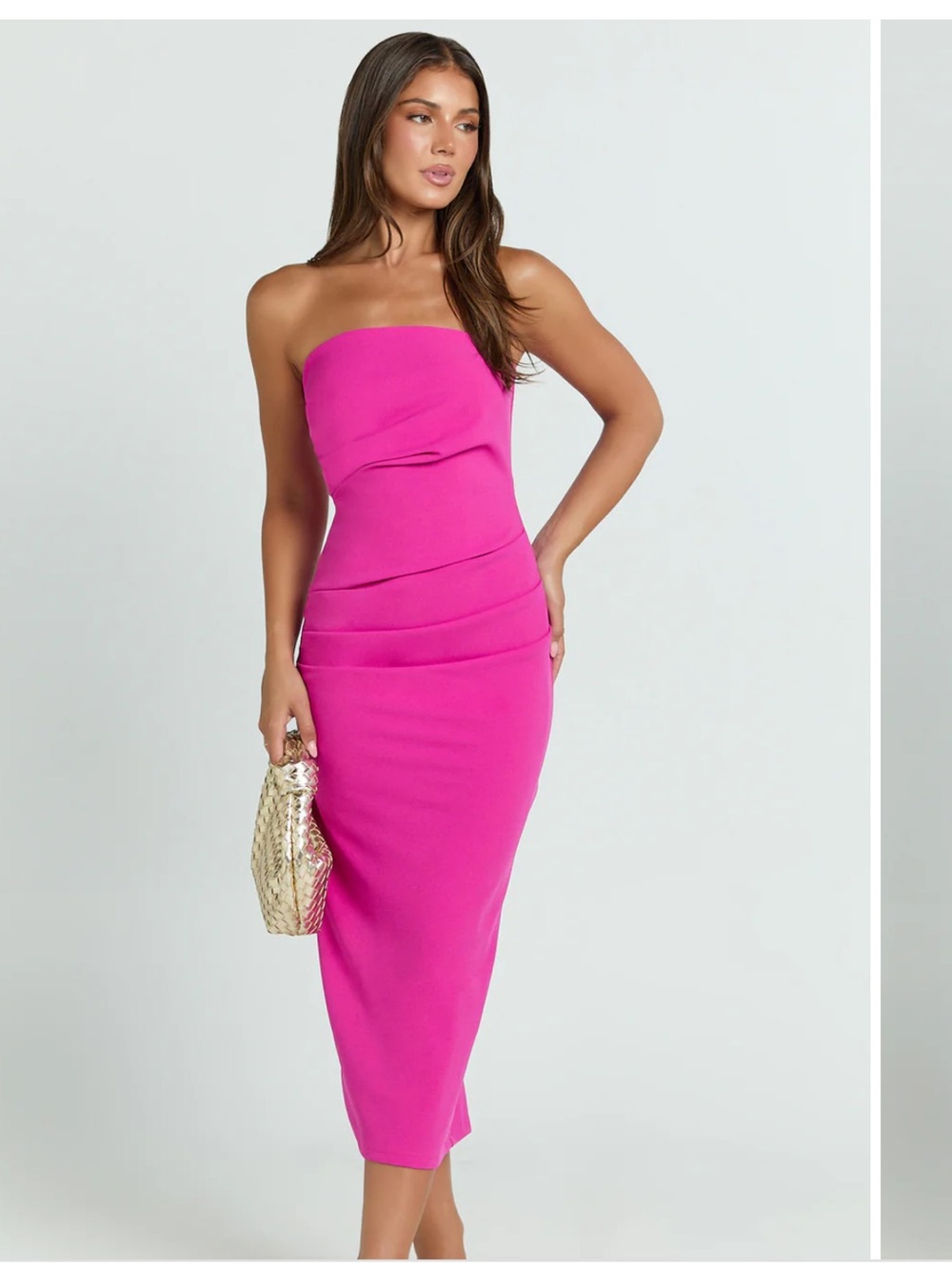 NEW Showpo. Pink Strapless Calanthe Midi Dress Tuck Detail Orchid Prom Size 6